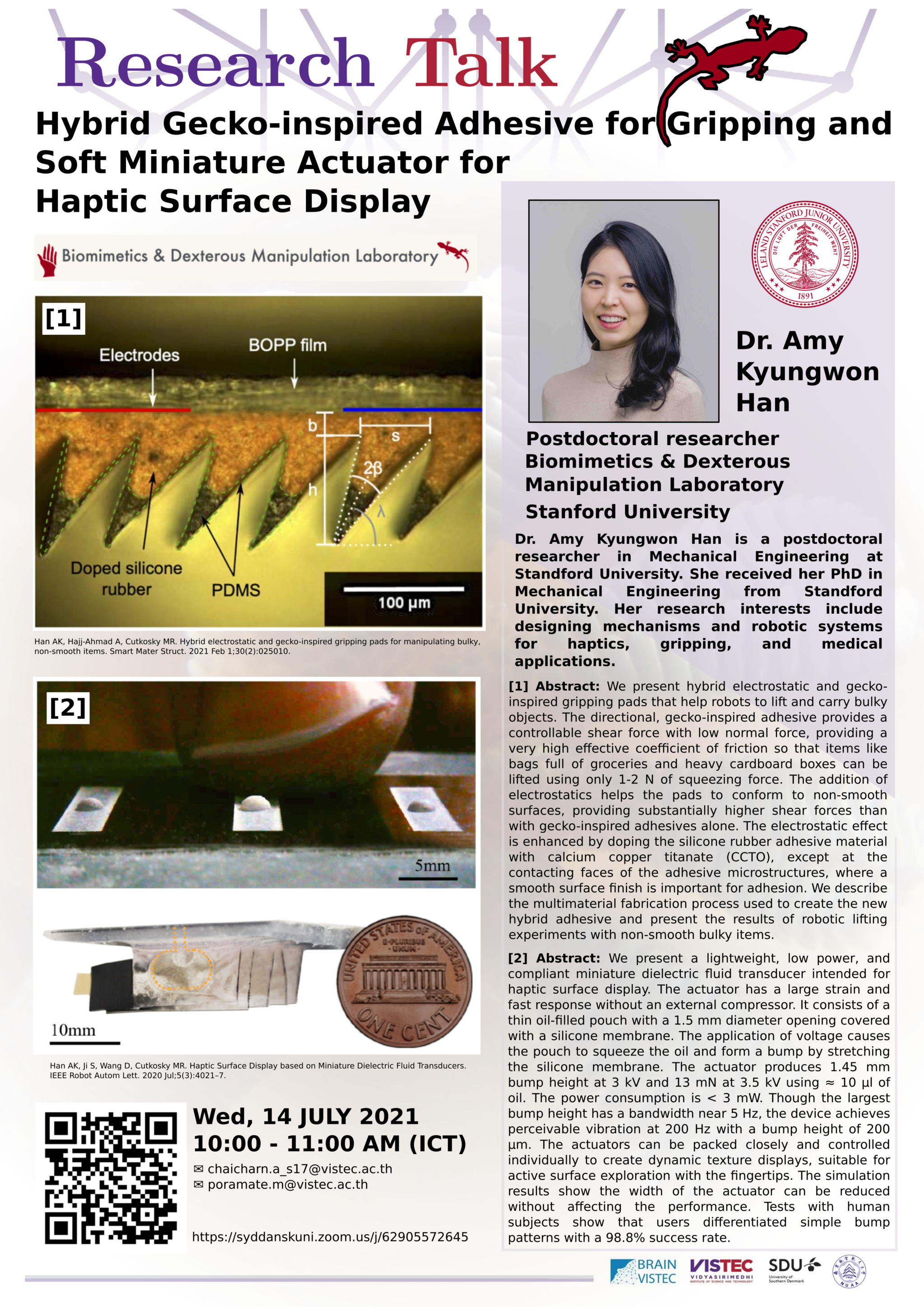 Research Talk: Hybrid Gecko-inspired Adhesive for Gripping and Soft Miniature Actuator for Haptic Surface Display